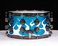DW Collectors 7x14 Snare Drum - White Flames on Silver Blue Sparkle