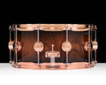 DW Collector's Series 6.5x14 Snare - Twisted Santos Rosewood, Nat to Candy Black Burst, Copper Hardware side view