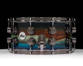 DW Collector's Series 7x14 Snare - Horizontal Paduak, Nat to Quick Royal Burst, 2 row Black Nickel Hardware - side view
