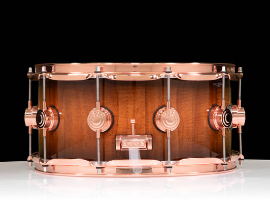 DW Collector's Series 6.5x14 Koa on 12ply VLT Shell with Copper Hardware - Natural to Candy Black Burst side view