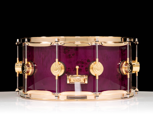DW Collector's Series 6.5x14 Mapa Burl on Cherry Purple Core Shell with GD Hardware - Transparent Ultraviolet Purple side view