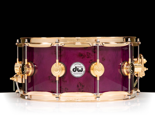 DW Collector's Series 6.5x14 Mapa Burl on Cherry Purple Core Shell with GD Hardware - Transparent Ultraviolet Purple front view