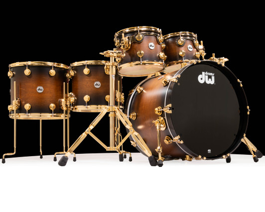 DW Collector's 5pc SSC Maple Kit - Honey to Ebony Satin Oil Burst with Gold front view