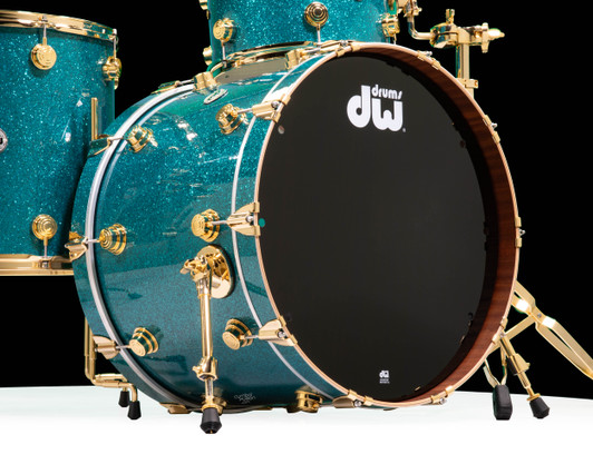 DW Collector's 4pc Maple/Mahogany Kit - Teal Glass with Gold kick drum closeup