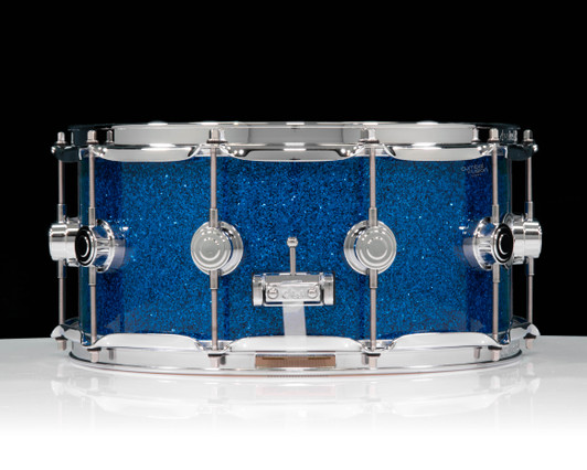 DW Collector’s Series 6.5x14 SSC Maple Snare Drum – Blue Glass w/ Chrome Hardware  side view