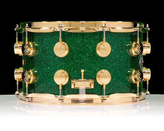 DW Collector’s Series 8x14 SSC Maple Snare Drum – Green Glass w/ Gold Hardware side view