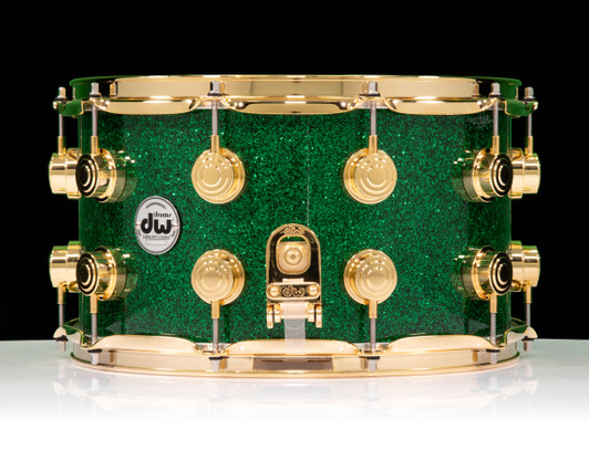 DW Collector’s Series 8x14 SSC Maple Snare Drum – Green Glass w/ Gold Hardware side view