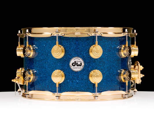 DW Collector’s Series 8x14 SSC Maple Snare Drum – Blue Glass w/ Gold Hardware front view