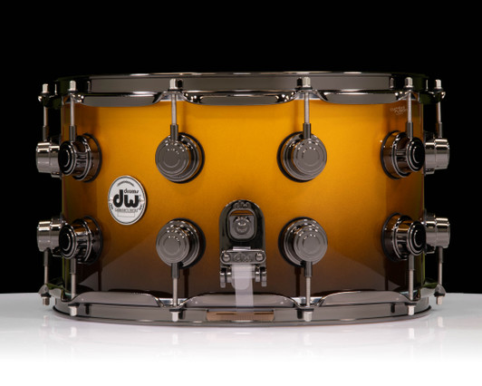DW Collector's 8x14 SSC Maple Snare - Vegas Gold to Piano Black Fade w/Black Nickel side view