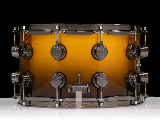 DW Collector's 8x14 SSC Maple Snare - Vegas Gold to Piano Black Fade w/Black Nickel side view