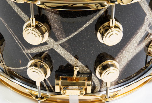 DW Collector's SonicPly 7x14 Snare - Smoke Glass Contrails Gold Hardware closeup view