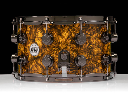 DW Collector's Series SSC Maple Snare Drums Gold Abalone 8x14 Black Nickel side view