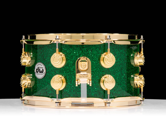 DW Collector's Series SSC Maple 7x13 Snare Drum - Green Glass with Gold Hardware side view