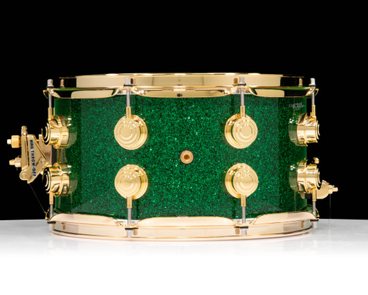 DW Collector's Series SSC Maple 7x13 Snare Drum - Green Glass with Gold Hardware back view