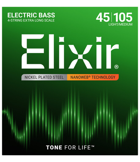 Elixir 14087 Nickel-Plated Steel Electric Bass Strings with NANOWEB Coating, Light/Medium Extra Long Scale 45-105 front package image