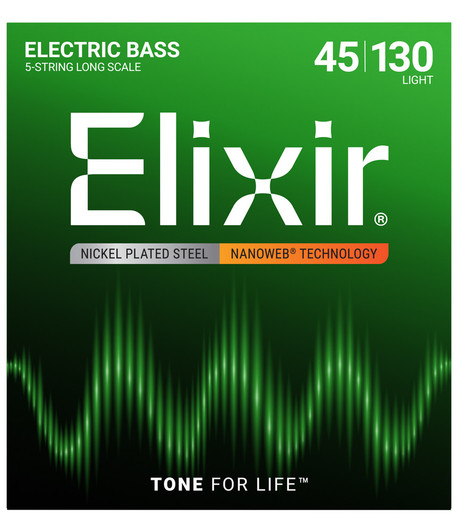 Elixir 14202 Nickel-Plated Steel Electric Bass Strings with NANOWEB Coating, 5-String Light Long Scale 45-130 front package image
