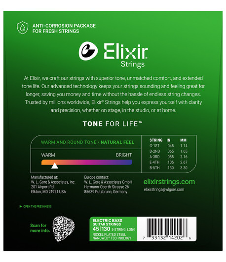 Elixir 14202 Nickel-Plated Steel Electric Bass Strings with NANOWEB Coating, 5-String Light Long Scale 45-130 back package image