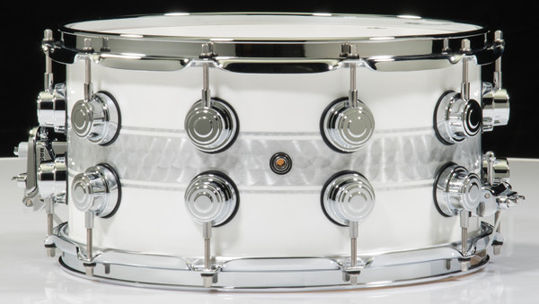 DW Collector's Series 7x14 White Lacquer Silver Foil Rally Stripe Snare