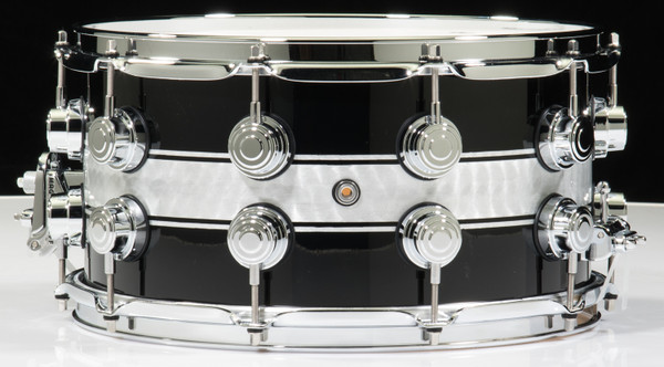 DW Collector's Series 7x14 Black Lacquer Silver Foil Rally Stripe Snare
