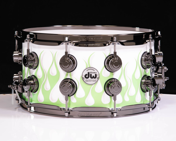 DW Collector's 7x14 Snare Tribal Lime Green Flames on Solid White