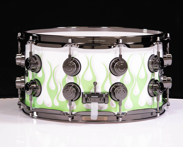 DW Collector's 7x14 Snare Tribal Lime Green Flames on Solid White