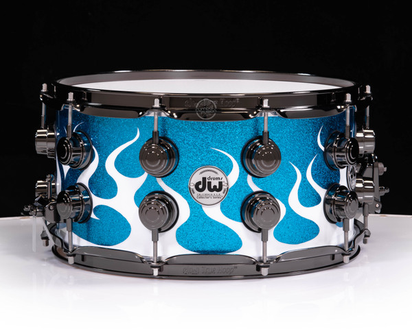 DW Collectors 7x14 Snare Drum - White Flames on Silver Blue Sparkle