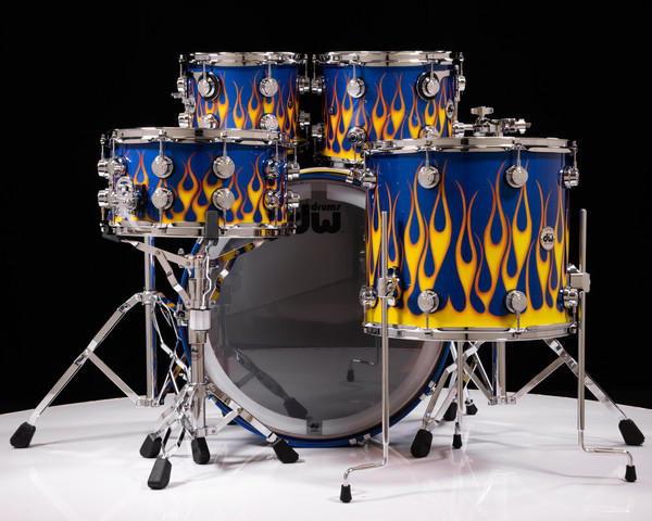 DW Collector's 5pc Maple Kit - Red Hot Rod Flames over Dark Blue