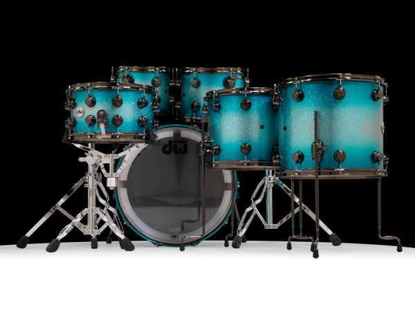 rear view of DW Collector's 6pc SSC Maple Kit - Exotic Turquoise Glitz w/Black Nickel