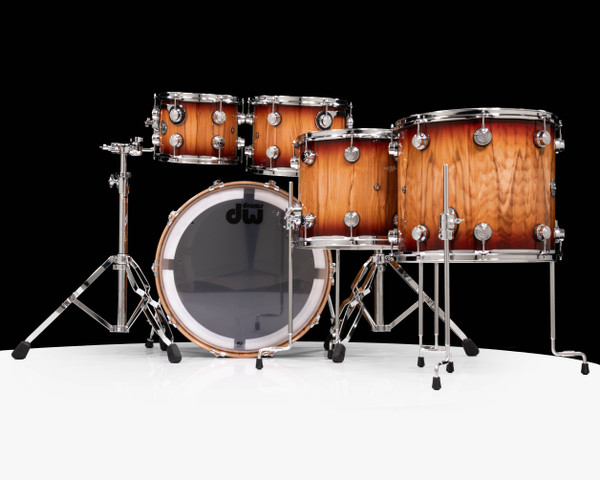 DW Collector's 5pc 333 Maple Kit - Red Burst over Vertical Olive Ash Burl