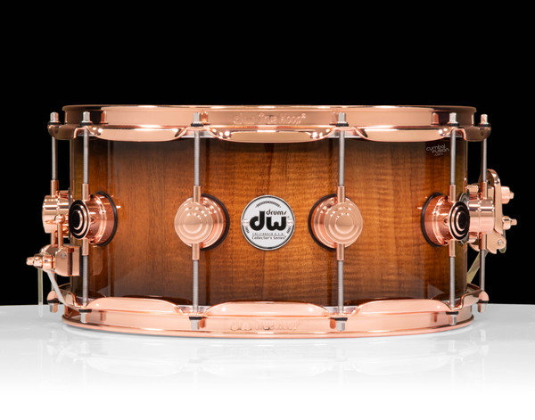 DW Collector's Series 6.5x14 Koa on 12ply VLT Shell - Natural to Candy Black Burst