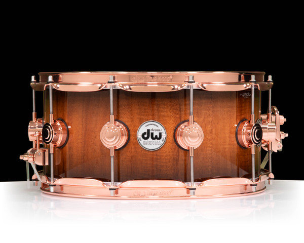 DW Collector's Series 6.5x14 Koa on 12ply VLT Shell with Copper Hardware - Natural to Candy Black Burst front view