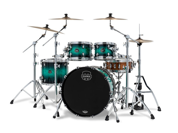 Image is of drumkit shown from front, audience perspective standing to the right.