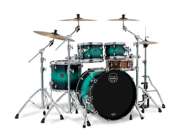 Image is of drumkit shown from front, audience perspective standing to the left.