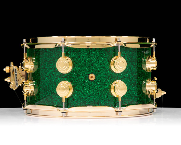 DW Collector's Series SSC Maple 7x13 Snare Drum - Green Glass with Gold Hardware back view