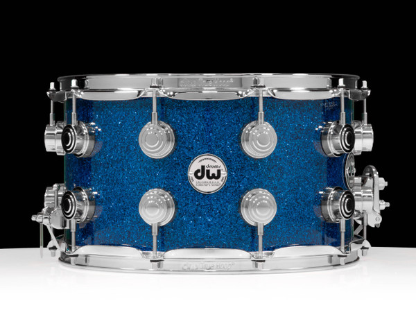 DW Collector's Series SSC Maple Snare Drums Blue Glass 8x14 Chrome front view