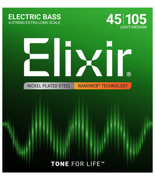 Elixir 14087 Nickel-Plated Steel Electric Bass Strings with NANOWEB Coating, Light/Medium Extra Long Scale 45-105 front package image