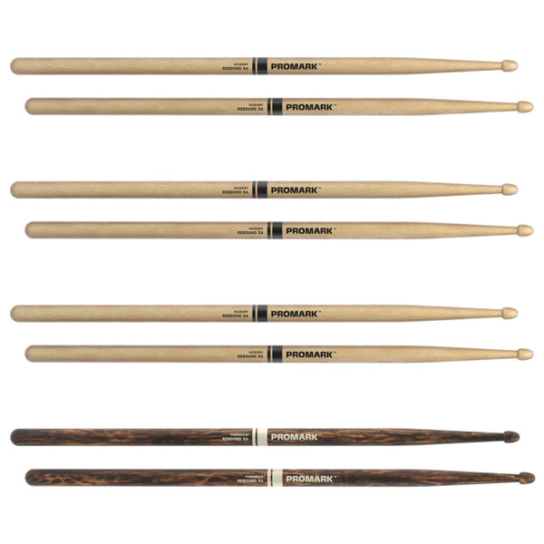 Promark Rebound 5A Hickory Drumstick, Acorn Wood Tip, FireGrain Bonus 4-Pack product image