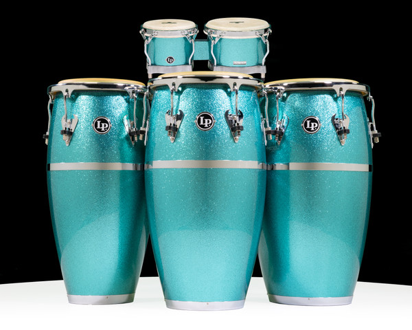 LP Turquoise Sparkle Fiberglass Conga, Quinto, Tumba & Bongos Bundle