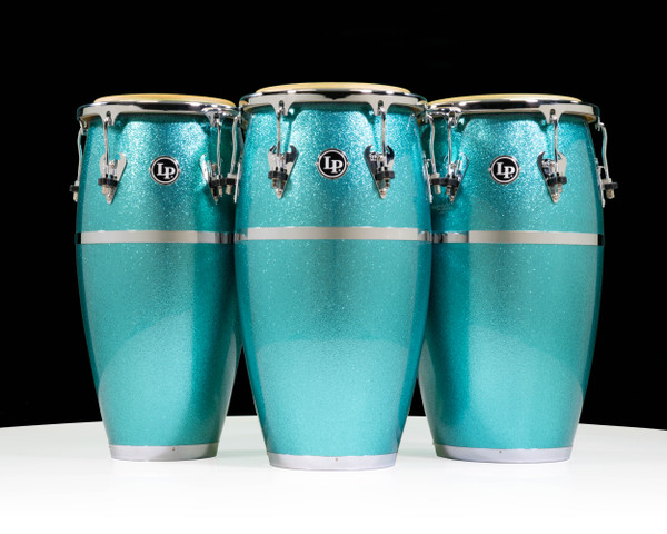 LP Turquoise Sparkle Fiberglass Conga, Quinto, Tumba & Bongos