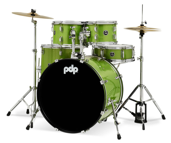 PDP Center Stage Electric Green Sparkle 5pc Kit 7x10, 8x12, 14x16F, 16x22, 5x14 Snare. Hardware, Cymbals & Throne Included product image