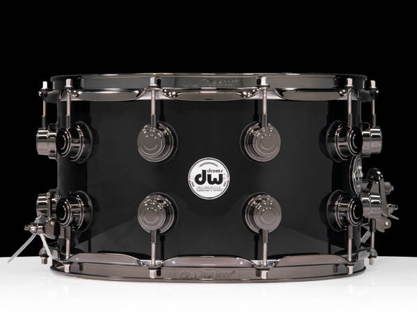 Used Collectors Snare 8x14 Maple 333 Black Finish Ply W/ Black nickel Hardware - front view