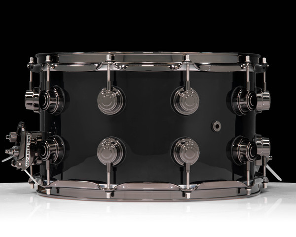 Used Collectors Snare 8x14 Maple 333 Black Finish Ply W/ Black nickel Hardware - back view