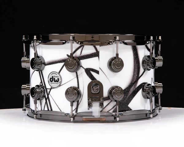 Image 2 of the DW Collector’s Series SonicPly 14x8 Snare Drum - White Glass Contrails / Black Nickel