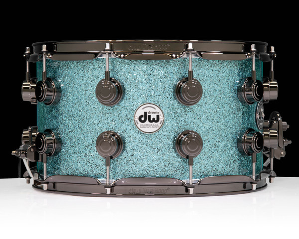 DW Collector’s Series SSC Maple 14x8 Snare Drum - Aqua Glass / Black Nickel - front view