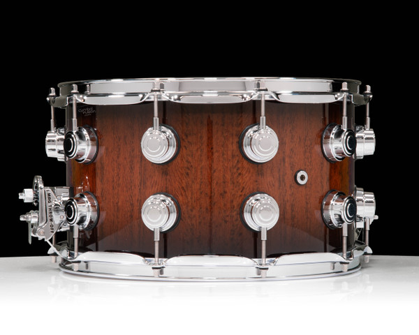 DW Collector's Series Walnut 8x14 Snare Drum - Red Tigerwood, Nat to Candy Black Burst, Chrome HW - back view