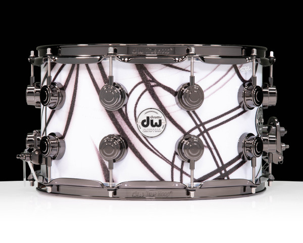 DW Collector's Series SSC Maple 8x14 Snare Drum - White Glass Contrails / Black Nickel - front view