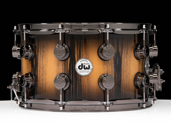DW Collector's Series 8x14 Snare Drum - Ivory Ebony, Natural to Candy Black Burst, Double Row Black Nickel Hardware - front view