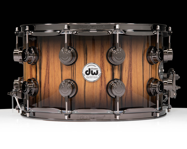 DW Collector's Series 8x14 Snare Drum - Ivory Ebony, Natural to Candy Black Burst, Double Row Black Nickel Hardware - front view