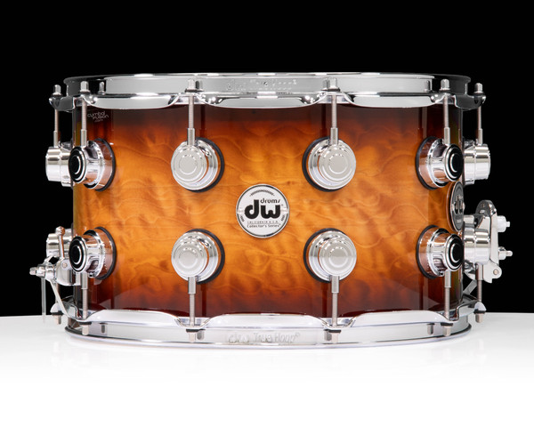 DW Collector's Series 8x14 Snare Drum - Quilted Maple, Burnt Toast Burst, Double Row Chrome Hardware - front view