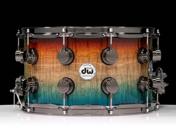 DW Collector's Series 8x14 Snare Drum - Heartwood Curly, Sunset to Ocean Fade, Double Row Black Nickel Hardware - front view